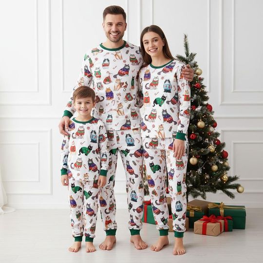 Cat Lover Long Sleeve Pajama Set for Adults, Animal Christmas Matching Pajamas, Holiday Gift