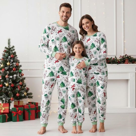 Discover Family Polar Bear Long Sleeve Pajama Set for Christmas Holiday Matching Sleepwear