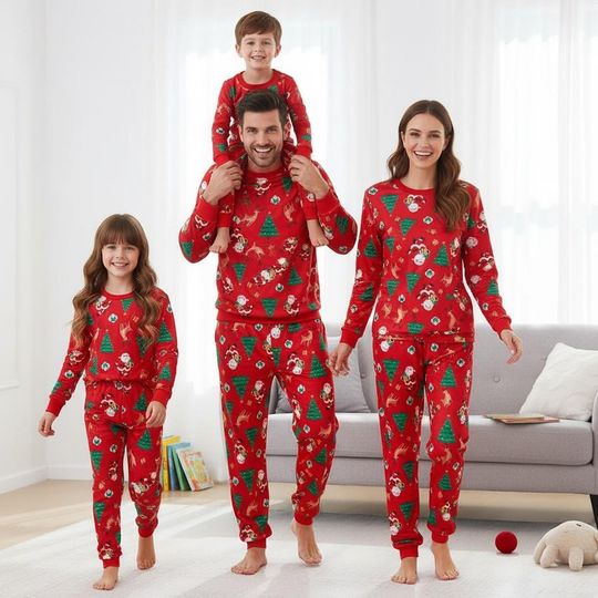 Christmas Tree Long Sleeve Pajamas Set for Adults, Santa Reindeer Christmas Matching Pajamas, Cozy Holiday Sleepwear