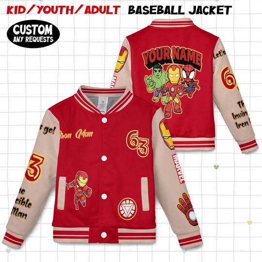 Custom Iron Man Varsity Baseball Jacket, Marvel Superhero Baseball Jacket, Iron Man Kids Youth Adult Varsity Jacket