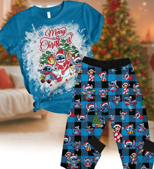 Discover Christmas Stitch Tshirt Pants Set, Disney Lilo And Stitch Pajamas, Disney Holiday Sleepwear