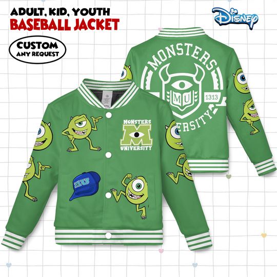 Discover Disney Mike Wazowski Monsters University Baseball Jacket, Kids & Youth Varsity Jacket, Adult Unisex Monster Inc Jacket, Costume Gift