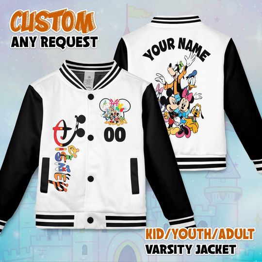 Discover Custom Mickey and Friends Varsity Jacket, Personalized Mickey and Friends Baseball Jacket, Kids Youth Adult Varsity Jacket