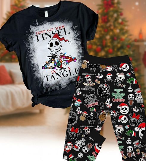 Discover Jack and Sally Christmas T-Shirt Pajama Set, Nightmare Before Christmas, Disney Horror Movie PJs, Matching Sleepwear