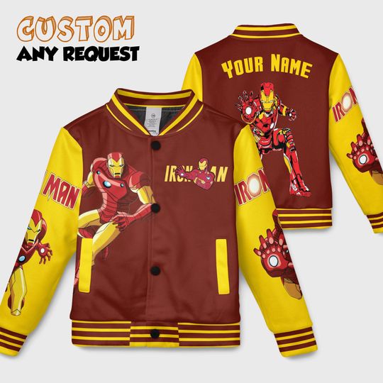 Custom Iron Man Varsity Jacket, Personalized Marvel Superhero Baseball Jacket, Iron Man Kids Youth Adult Varsity Jacket