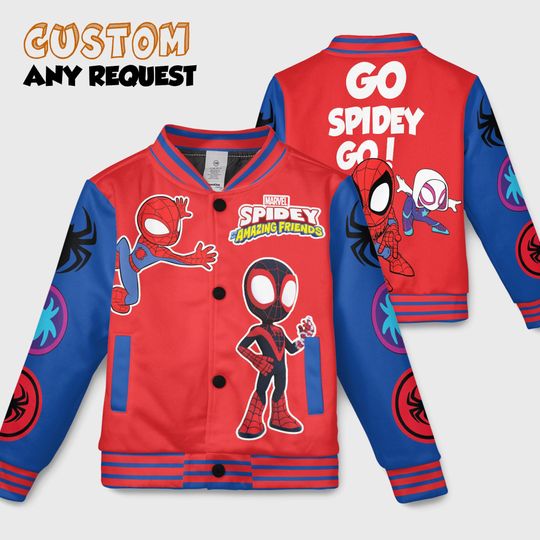 Custom Spidey And His Amazing Friends Varsity Jacket, Kids Varsity Jacket, Spiderman Baseball Jacket, Birthday Boy Gift, Spidey Shirt
