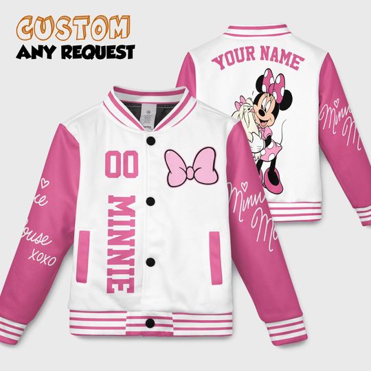 Discover Minnie Mouse Baseball Jacket  Disney Pink Varsity Jacket for Adult Kid Youth, 3D All Over Print Minnie Bomber, Family Matching Gift