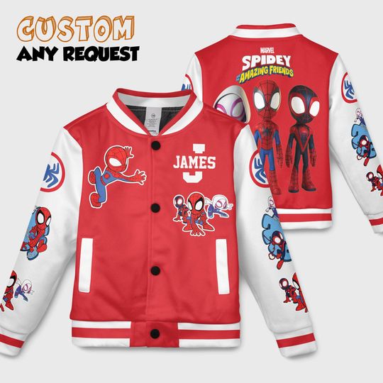 Custom Spidey And His Amazing Friends Varsity Jacket, Kids Varsity Jacket, Spiderman Baseball Jacket, Birthday Boy Gift, Spidey Shirt
