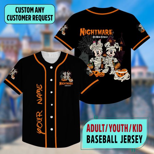 Discover Personalized Disney Mickey Baseball Jersey, Minnie Mouse Halloween Jersey, Halloween Party Gift, Magic Kingdom Shirt, Trick Or Treat Tee