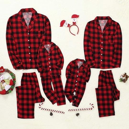 Matching Family Christmas Pajamas Set in Red and Black Plaid, Cozy Holiday Sleepwear for Men, Women, and Kids