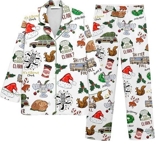 Discover Christmas Vacation Griswold Pajama Set  Allover Print Long Sleeve Family Christmas Tree Farm PJs, White Holiday Sleepwear