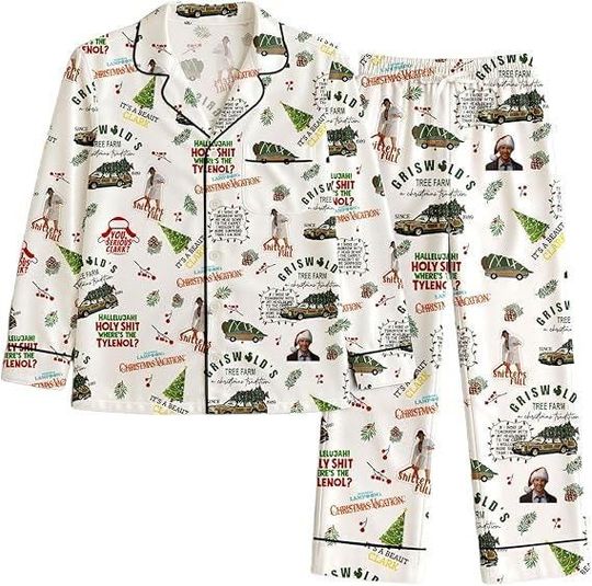 Its A Beaut Clark Christmas Vacation Long Sleeve Pajama Set Griswold Christmas Tree Farm Allover Print Lounge Sleepwear