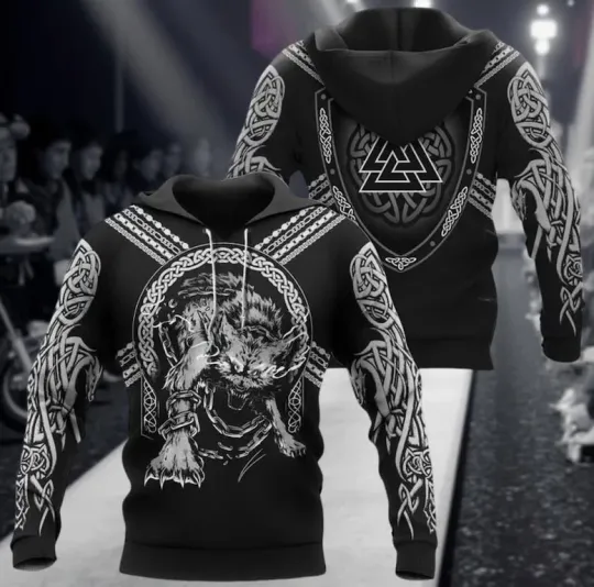 Discover Viking Hoodie The Binding of Fenrir Valknut Shield Norse Mythology 3D Gift
