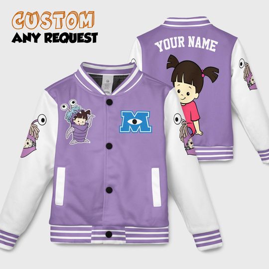 Discover Personalized Monster Inc James Boo Varsity Jacket Purple Color, Kid Youth Adult Disney Jersey, Chrismast Gift for Monster Inc Fans Family