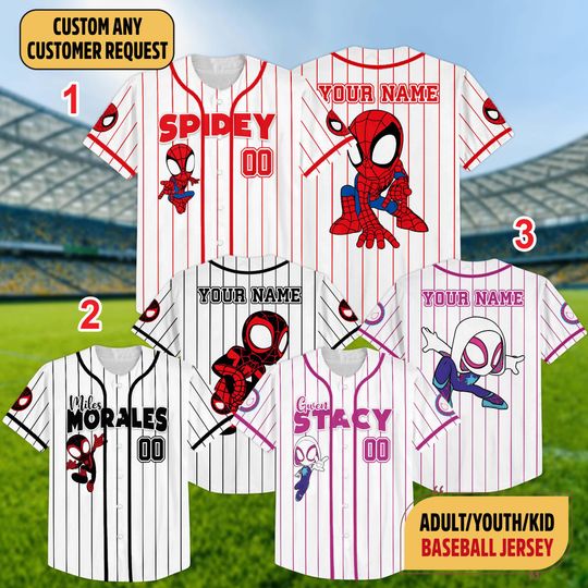 Discover Personalize Spidey And His Amazing Friends Cute Baseball Jersey, Custom Spider Verse Baseball Jersey Team, Disney Baseball Team Outfit