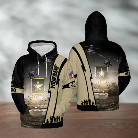 Discover Custom Name US Army M1 Abrams Tank & AH-64 Apache 3D Hoodie, Christmas Gift