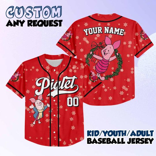 Discover Personalized Piglet Christmas Baseball Jersey, Custom Disney Winnie the Pooh Jersey Shirt, Holiday Team Outfit, Xmas Gift for Fans