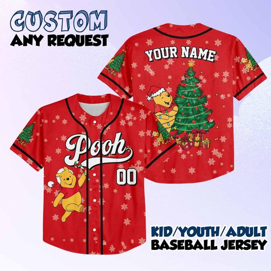 Discover Personalized Winnie The Pooh Christmas Baseball Jersey, Pooh Bear Disney Holiday Baseball Jersey, Custom Family Disney Outfit, Festive Gift