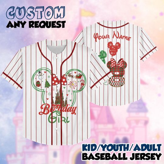Discover Minnie Head Christmas Birthday Girl Baseball Jersey, Disney Birthday Girl Christmas Custom Tee, Christmas Birthday Girl Trip Custom Name Age