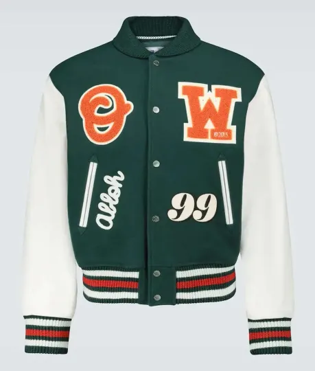 Discover Men's Off-White Varsity Jacket Green White Leather Sleeves Arrows "99" Back NWT