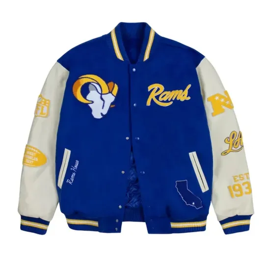 Discover Los Angeles Rams Varsity Letterman Jacket Men’s Royal White Wool Leather Baseball Jacket