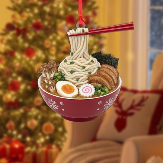 Discover Japanese Ramen Bowl Ornament: Floating Noodles Christmas Kitchen Decor (2D Print)
