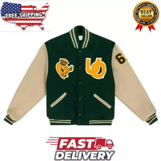Discover University of Oregon 1967 Green Beige Varsity Baseball  Jacket