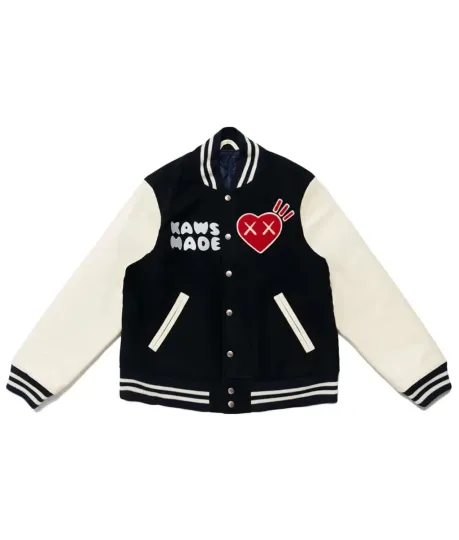 Discover Human Made Kaws Black Wool White Leather Sleeves Varsity Letterman Men's Jacket