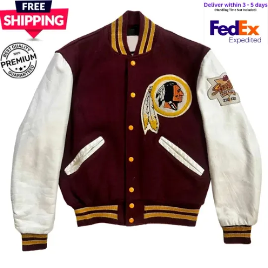 Discover 80’s Washington Redskins Maroon Full-Snap Wool Leather Varsity Letterman Jacket