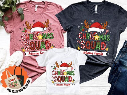 Discover Personalized Christmas Squad Family Shirts: Reindeer Santa Hat Matching Tees