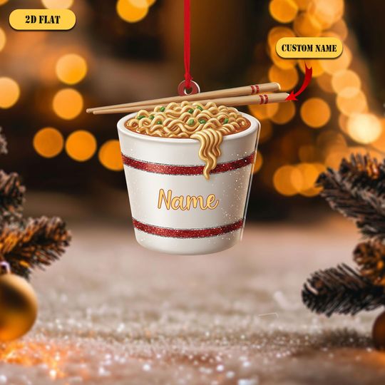 Discover Personalized Noodle Cup 2D Flat Acrylic Ornament, Custom Name Ramen Bowl Christmas Tree Decor, Funny Gift for Food Lovers & College Students