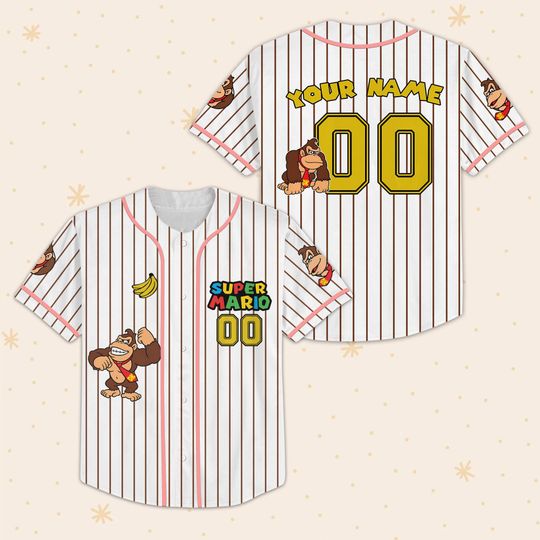 Donkey Kong Baseball Jersey, Super Mario Game Monkey Brown Red Striped Shirt, Custom Name Game Tee, Retro Cartoon Boy Gift For Him