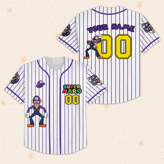 Waluigi Baseball Jersey, Custom Number Name Gamer Jersey, Purple Retro Cartoon Tee, Super Mario Retro Shirt, Gift For Him