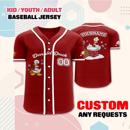 Discover Custom Donald Duck Christmas Baseball Jersey, Personalized Holiday Shirt for Kids And Adults, Festive Matching Family Outfit
