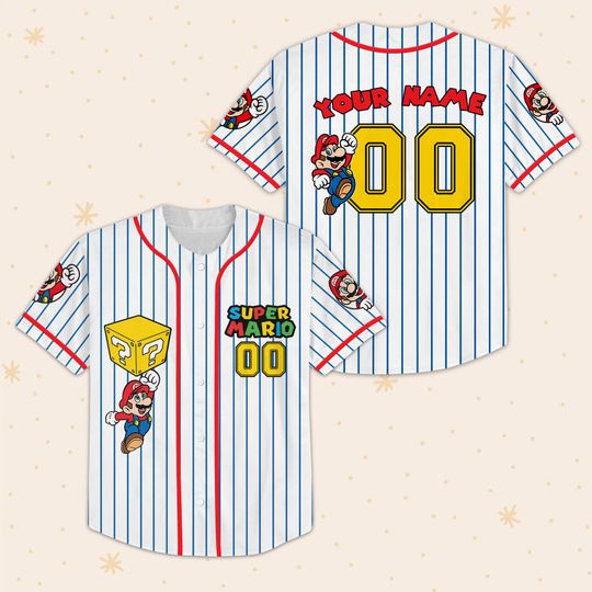 Mario Baseball Jersey, Super Mario Classic Game Movie Shirt, Custom Name Blue Striped Jersey, Retro Gamer Tee, Gift For Him