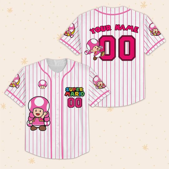 Discover Toadette Baseball Jersey, Super Mario-Inspired Pink Striped Shirt, Custom Name And Number Gamer Jersey, Cute Anime Gift For Girl PSH2996.C