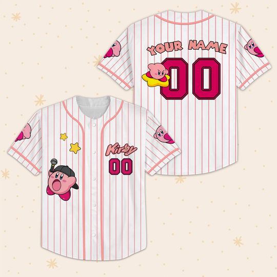 Kirby Baseball Jersey, Cute Anime Game-Inspired Pink Striped Shirt, Custom Name Gamer Tee, Kawaii Streetwear Gift For Boy Girl