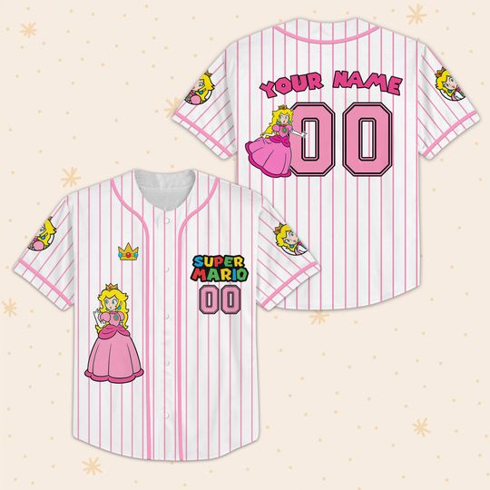 Princess Peach Baseball Jersey, Super Mario Game Pink Striped Shirt, Custom Name Gamer Tee, Kawaii Anime Girl Gift For Her