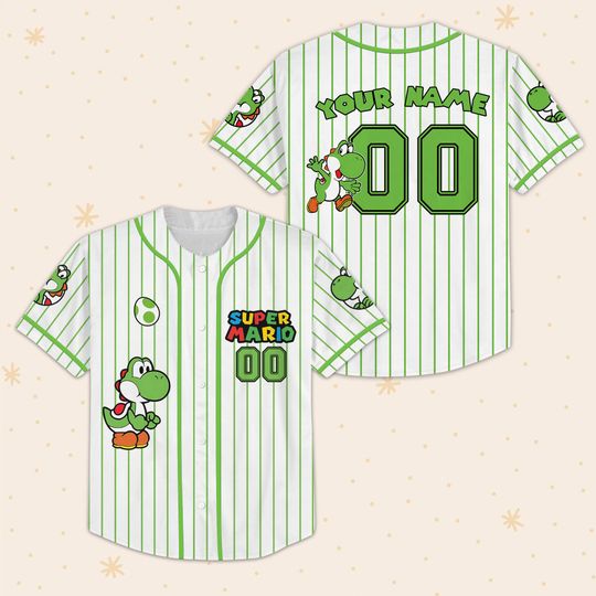 Yoshi Baseball Jersey, Super Mario Game Green Striped Shirt, Animal Custom Name Gamer Tee, Cute Retro Streetwear Gift For Him