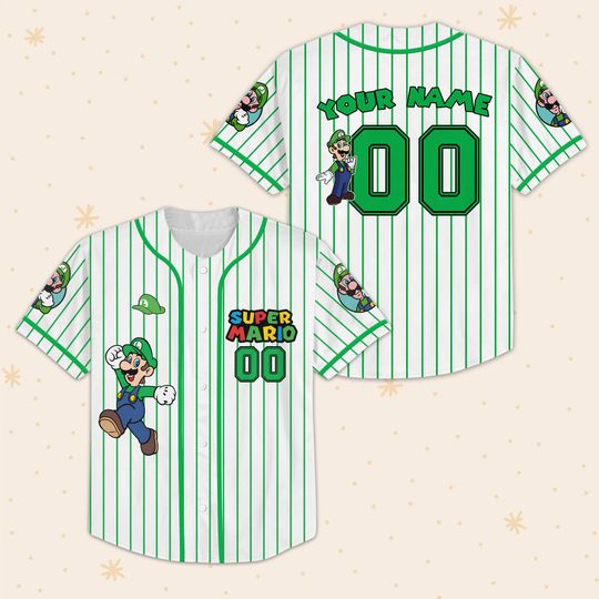 Luigi Baseball Jersey, Super Mario Classic Green Striped Shirt, Custom Name Gamer Jersey, Boy Retro Anime Streetwear Gift For Him