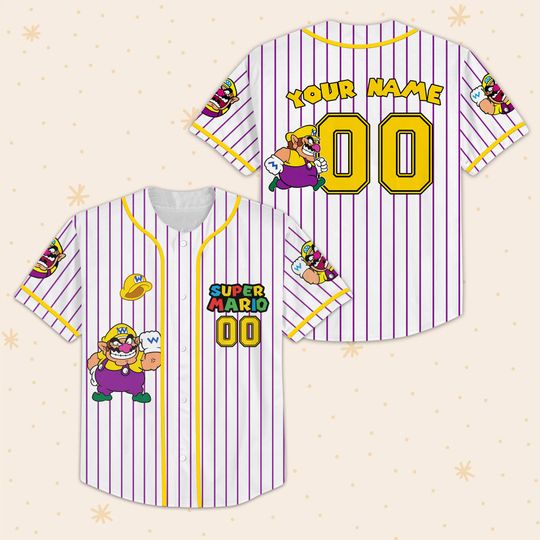 Discover Wario Baseball Jersey, Custom Gamer Top, Super Mario Movie Cartoon Shirt, Yellow Purple Striped Retro Streetwear, Gift For Him PSH2994.C