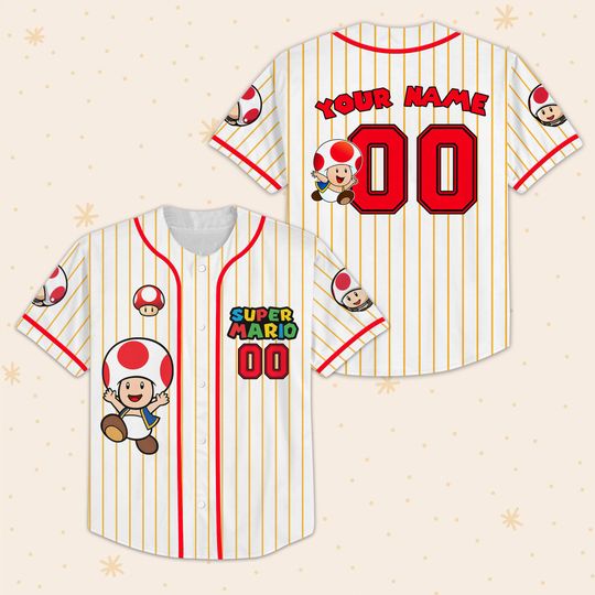 Toad Baseball Jersey, Super Mario Game Movie Shirt, Custom Name Red Striped Jersey, Retro Gamer Birthday Gift For Boy and Him
