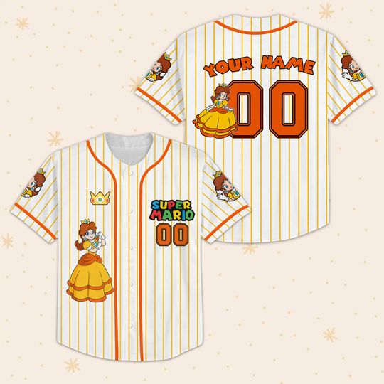 Princess Daisy Baseball Jersey, Super Mario-Inspired Yellow Striped Shirt, Custom Name Gamer Top, Retro Anime Girl Gift For Her