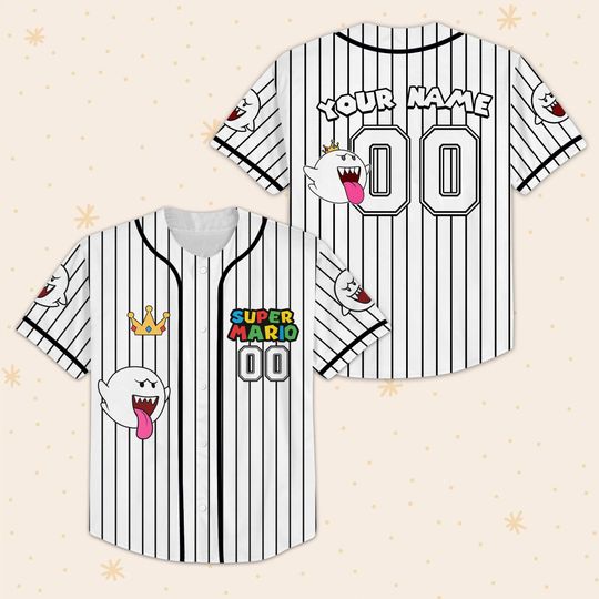 Discover Boo Ghost Baseball Jersey, Custom Name Number, Super Mario-Inspired Black White Striped Shirt, Retro Streetwear Gift For Him Her PSH2992.C