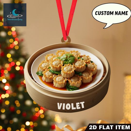 Personalized Dumpling Christmas Ornament, Acrylic Bamboo Steamer Holiday Gift, 2D Flat, Custom Name Dim Sum Tree Decor for Food Lovers.