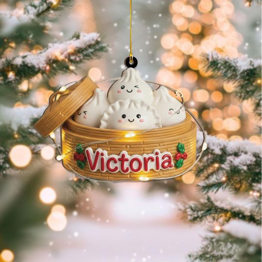 Personalized Dumpling Steamer Ornament, Custom Name Dim Sum Christmas Gift, Kawaii Foodie Keepsake, Asian Food Lover Decor