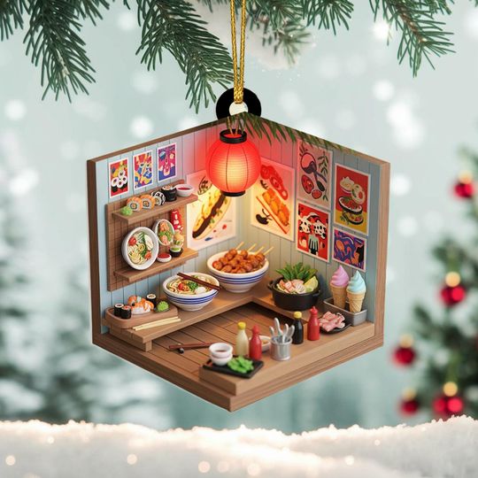 Discover Japanese Restaurant Acrylic Ornament with Red Lantern, Miniature Ramen and Sushi Shop Christmas Decoration, Food Lover Holiday Keepsake Gift