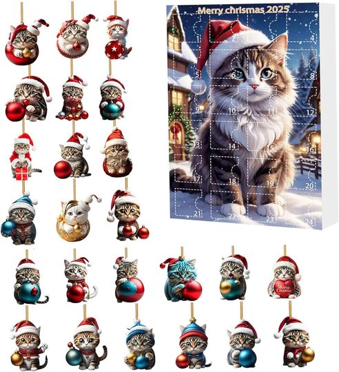Discover Gcroet Cat Advent Calendar 2025, 24-Day Christmas Countdown Calendar, 2D Acrylic Cat Ornaments for Tree Decoration