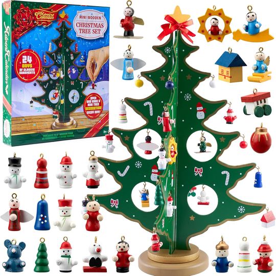 Discover Joyin Christmas 24-Day Countdown Advent Calendar with Wooden Tree and Ornaments for Kids, Party Favors, Classroom Prizes