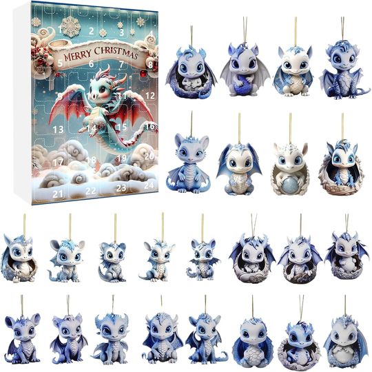 Discover Christmas Advent Calendar 2024, 24 Days Christmas Countdown Calendar with 2D Blue Dinosaur Pendant, Acrylic Hanging Toy Advent 2024 for Tree Decor, Gifts| Calendars